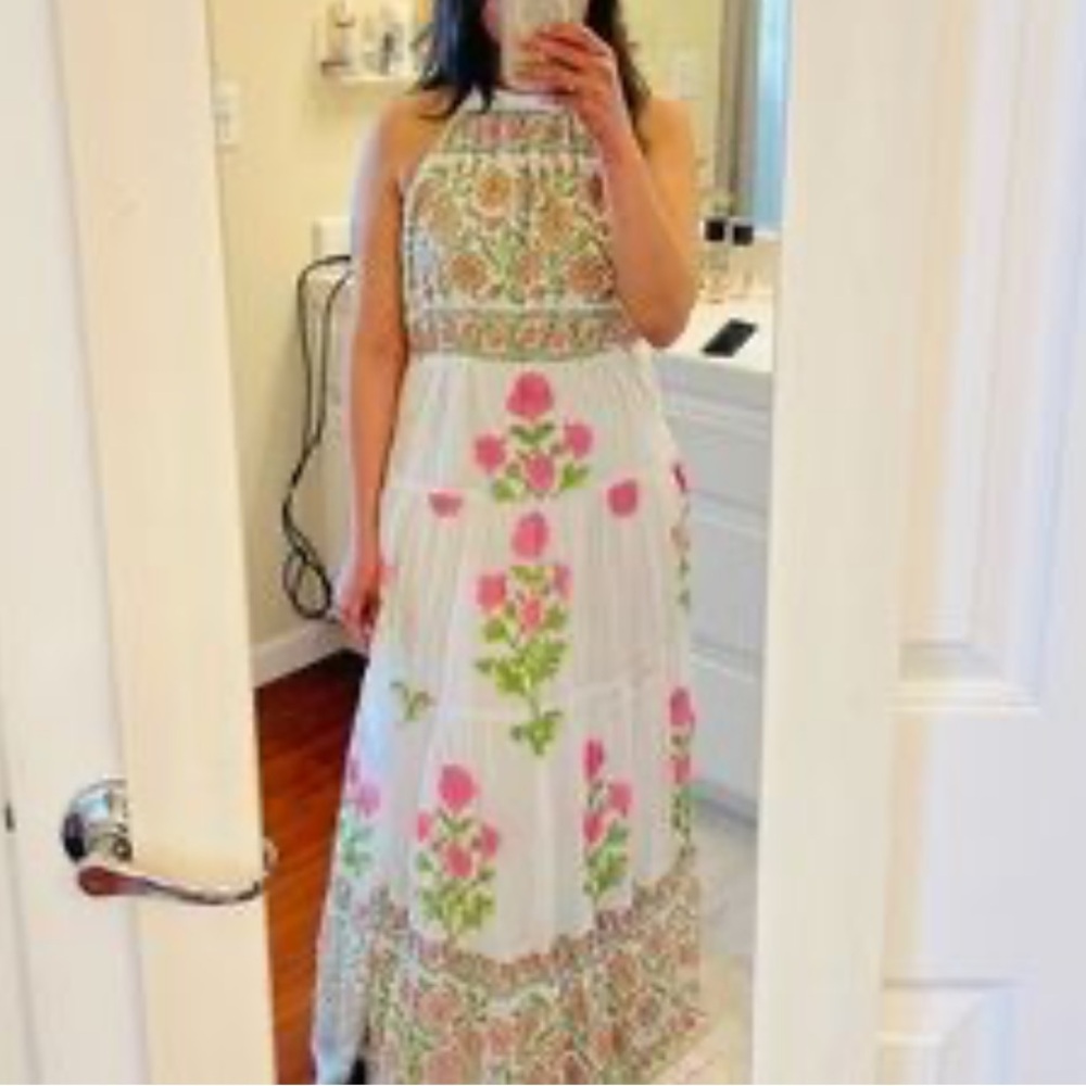 Juliet Dunn White Midi Dress with Pink and Green Floral Embroidery